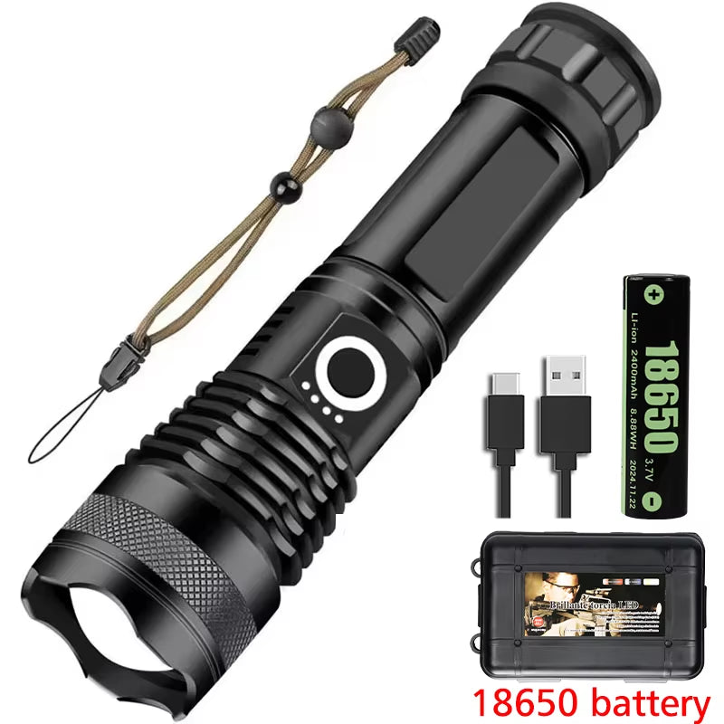 XHP50 High Power Rechargeable LED Tactical Flashlight Aluminum Alloy Telescopic Zoom Torch Lamp for Outdoor Camping Fishing