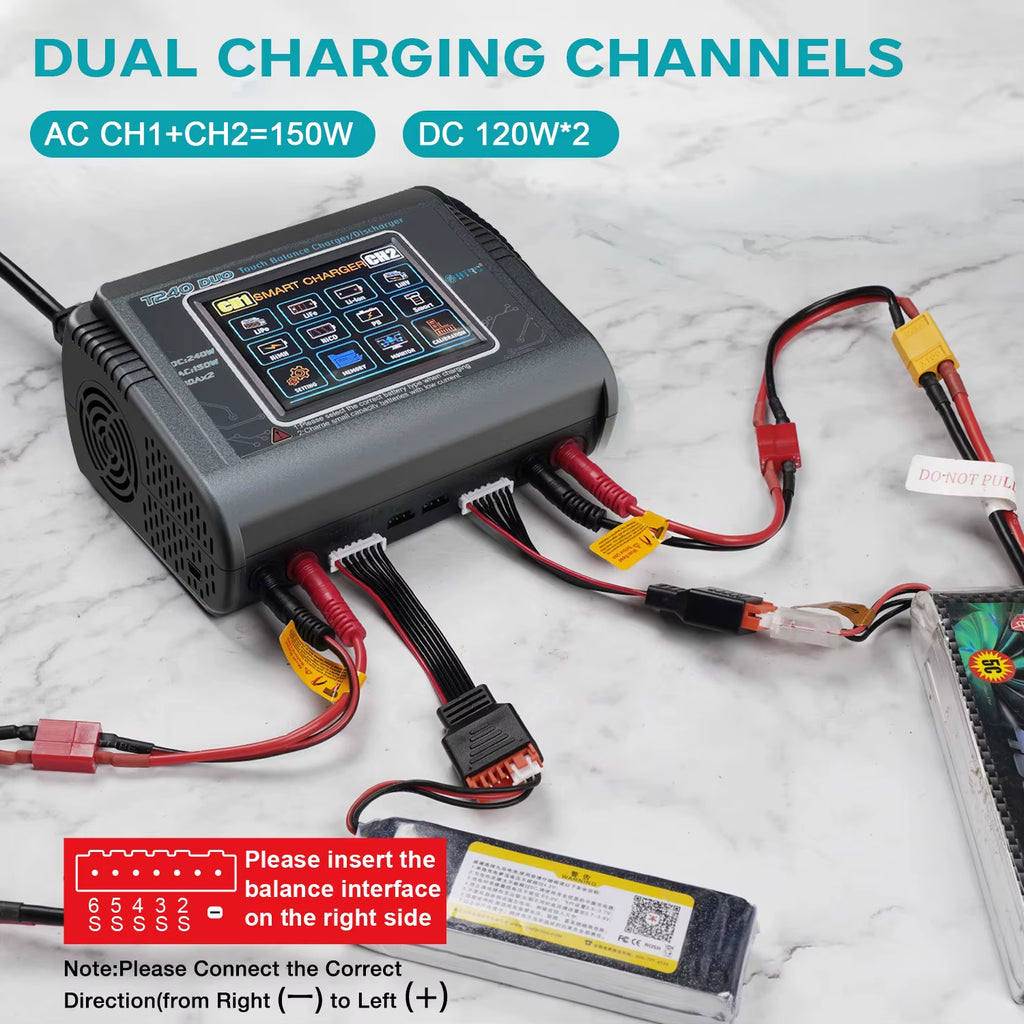 T240 High Power Battery Charger AC150W DC 240W 10A Dual Channel Touch Screen Lipo Balance Chargers Discharger for RC Models