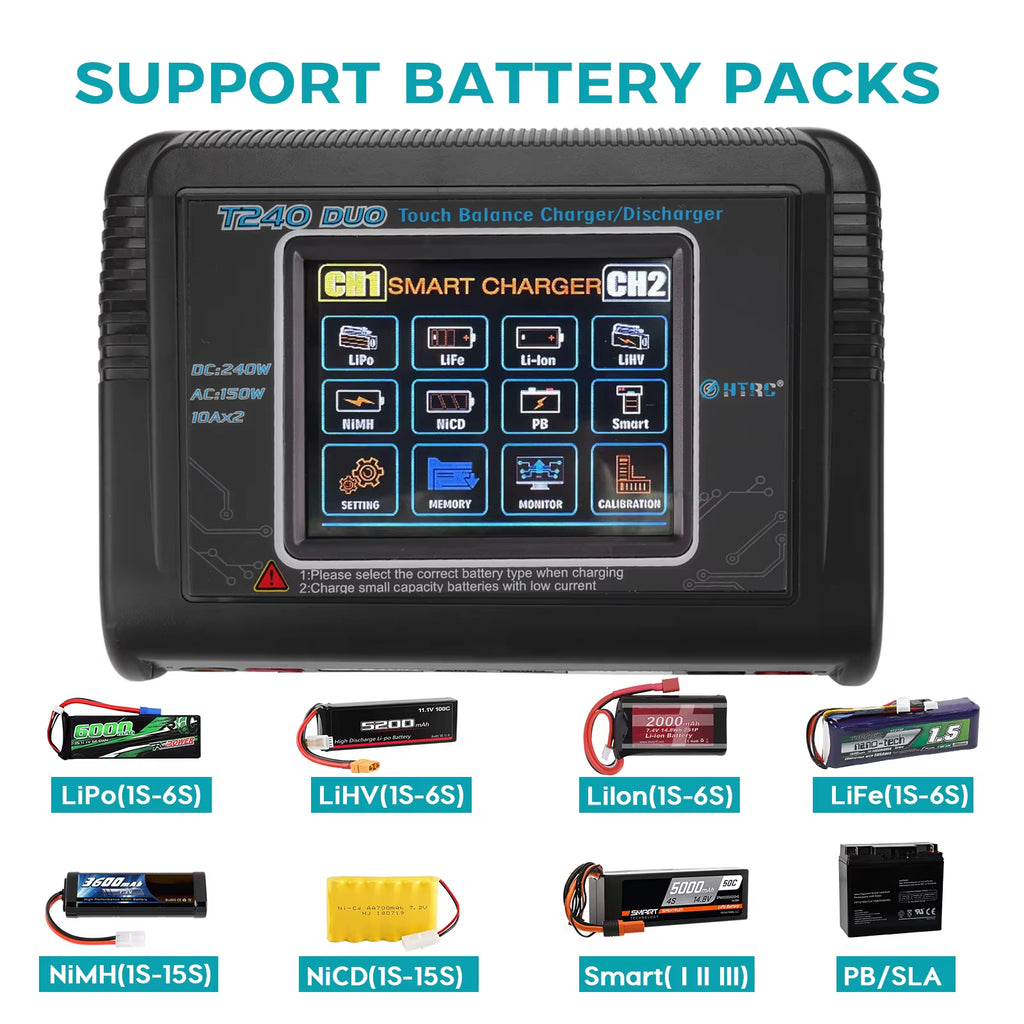 T240 High Power Battery Charger AC150W DC 240W 10A Dual Channel Touch Screen Lipo Balance Chargers Discharger for RC Models