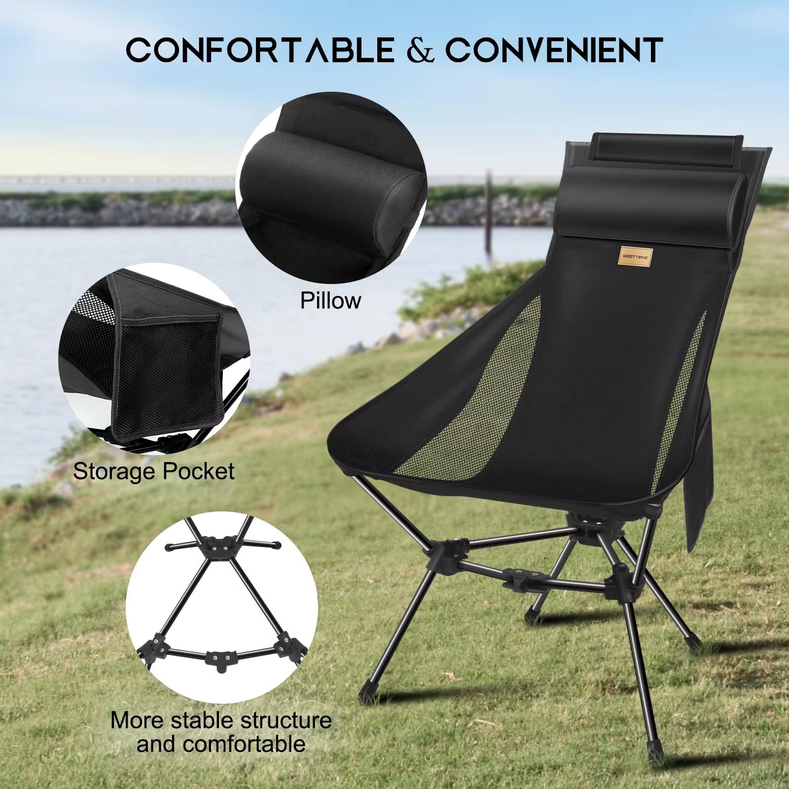 WESTTUNE Portable Camping Chair Lightweight Foldable Chair with Headrest for outside Camping Hiking Travel Beach and Sports