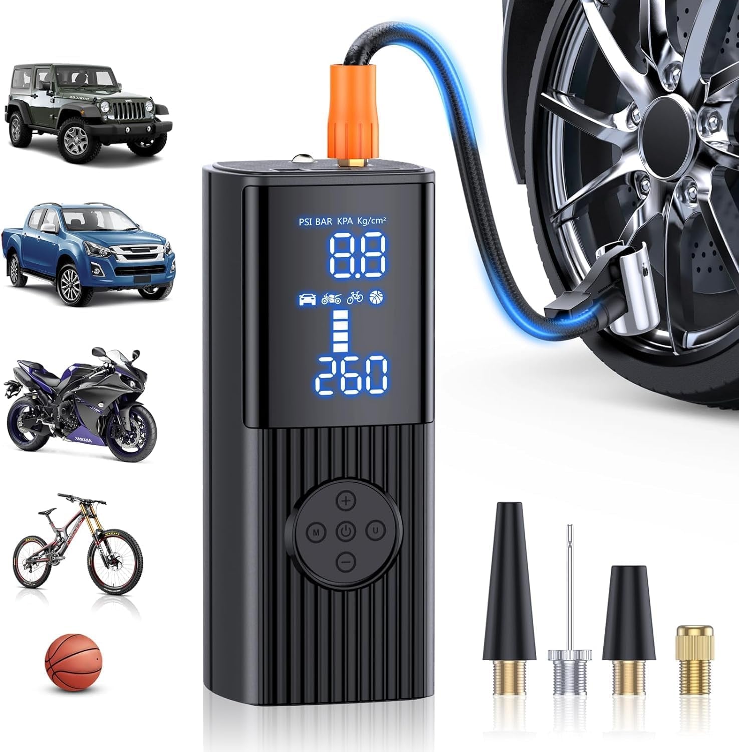 Tyre Inflator Portable Air Compressor, 150PSI 7800Mah Cordless Air Pump for Car, Accurate Pressure LCD Display, 3X Fast Inflation for Cars, Bikes & Motorcycle Tires, Balls.