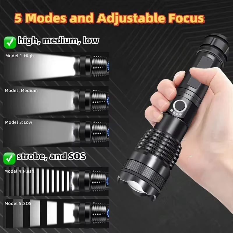 XHP50 High Power Rechargeable LED Tactical Flashlight Aluminum Alloy Telescopic Zoom Torch Lamp for Outdoor Camping Fishing