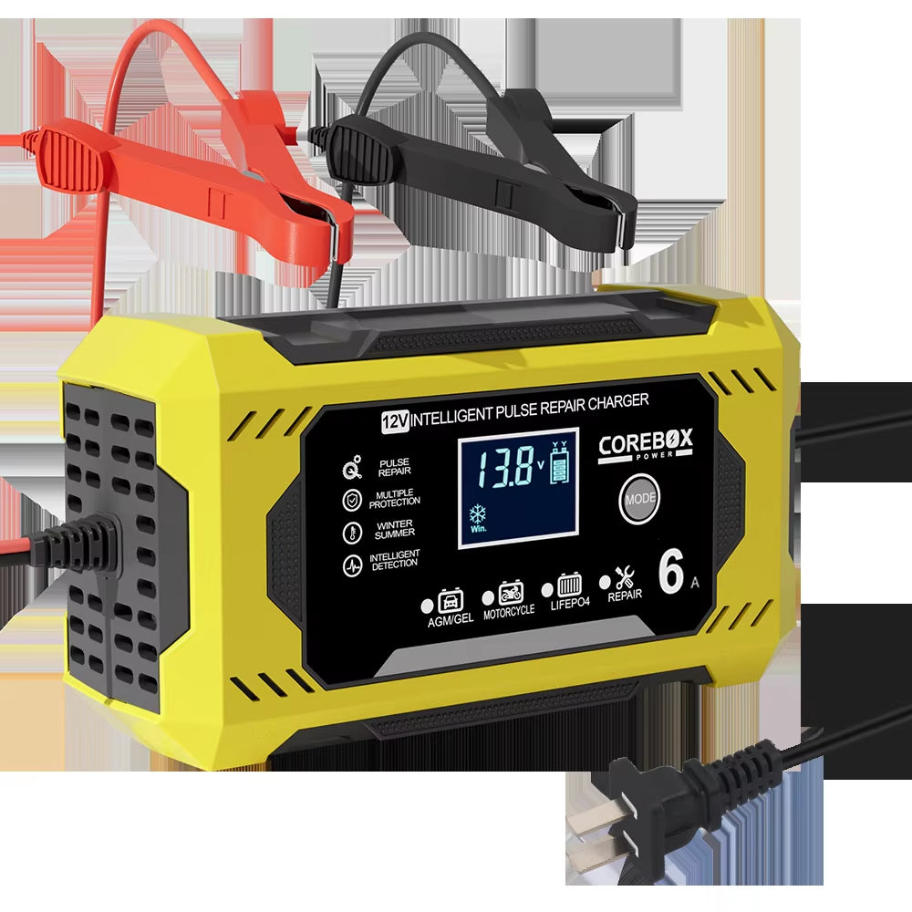 12V/6A for Motorcycle SUV Truck Smart Car Battery Charger Intelligent Pulse Repair Battery Charging High Power Multifunctional