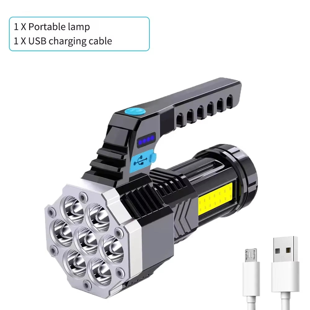 High Power 7LED Flashlight USB Rechargeable COB Side Lights 4 Modes Torch with Power Display Outdoor Lightweight Camping Torch