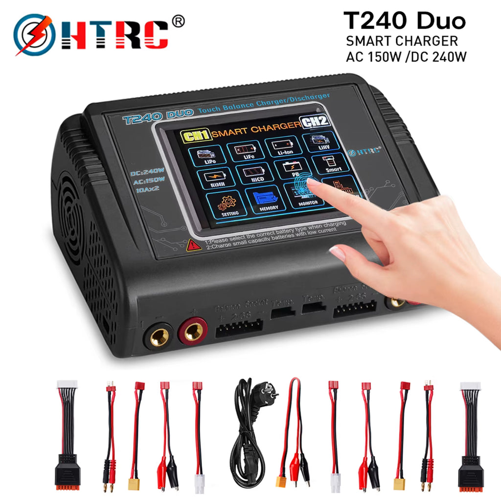 T240 High Power Battery Charger AC150W DC 240W 10A Dual Channel Touch Screen Lipo Balance Chargers Discharger for RC Models