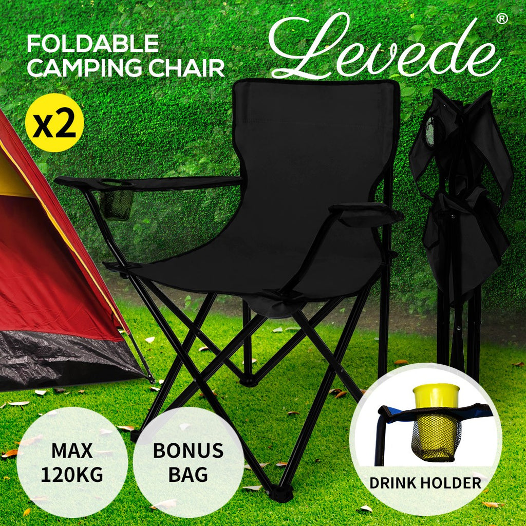 Levede 2Pcs Camping Chairs Folding Arm Foldable Portable Outdoor Fishing Picnic