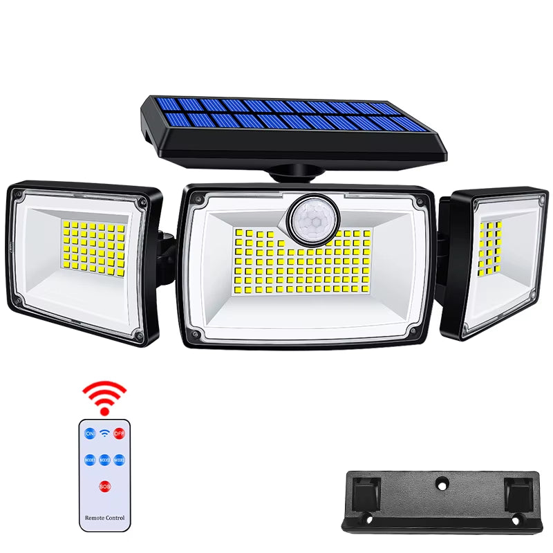 Security Solar Lights Outdoor 167 LED Adjustable 3 Heads with 3 Modes Wireless Motion Sensor Super Waterproof Spot Flood Lights