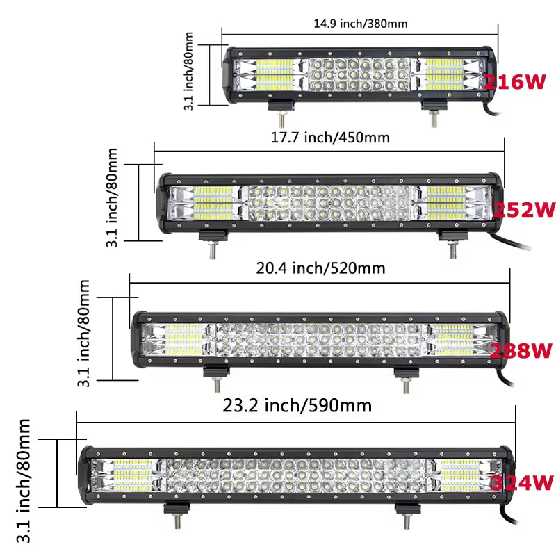 7D 3-Row 4'' 5" 15" 18" 20" 23" Slide Mount LED Light Bar Offroad Led Bar Spot Flood Beam Led Work Light Bar 12V 24V 4WD Truck