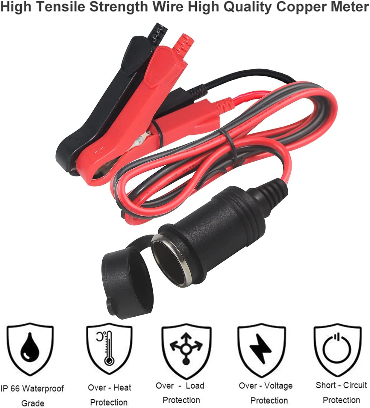 12V Auto Cigarette Lighter Socket to Battery Alligator Clips Power Cable Charger