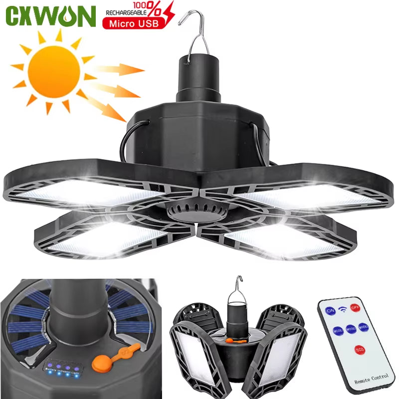 104 LED Solar Camping Light 4 Leaf Foldable Garage Light Rechargeable with Remote Waterproof Outdoor Emergency Tent Light