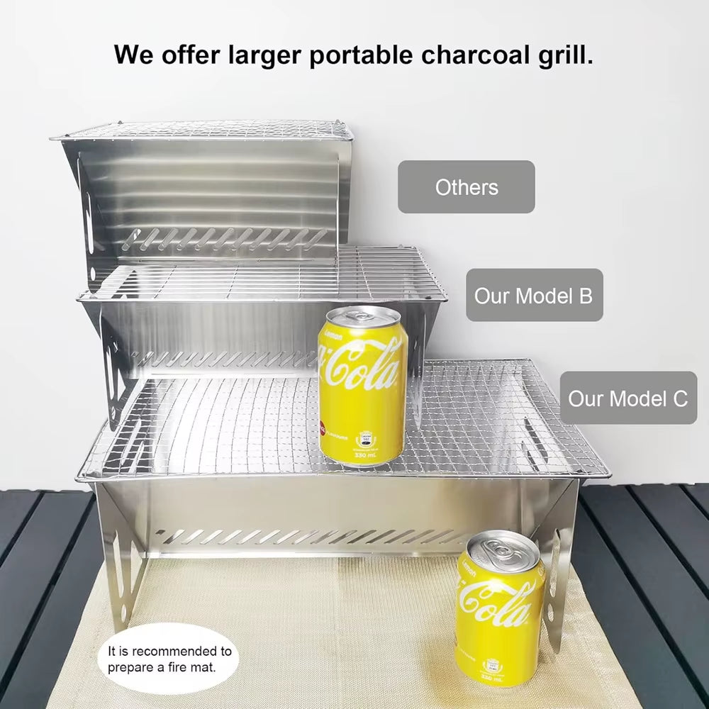 Outdoor Camping Charcoal Barbecue Grill for Party Beach Picnic BBQ Stove 21/28/38CM, Portable Stainless Steel BBQ Charcoal Grill