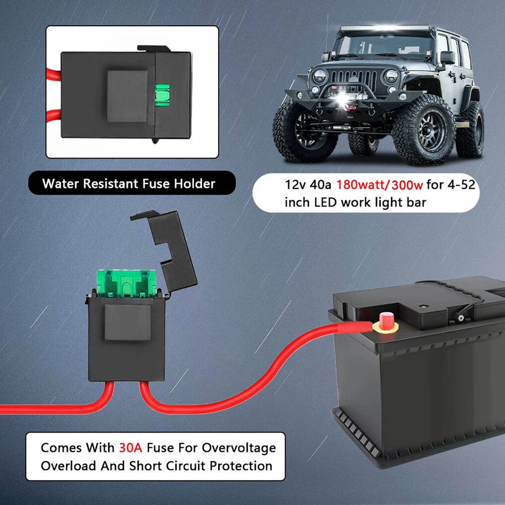 LED Light Bar Wiring Harness Kit, 300W 2 Leads 16 AWG Universal LED Work Light Bar Wiring Harness with 12V 40A Relay on & Off