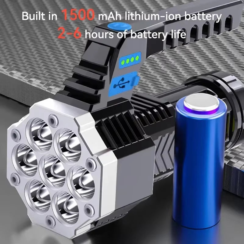 High Power 7LED Flashlight USB Rechargeable COB Side Lights 4 Modes Torch with Power Display Outdoor Lightweight Camping Torch