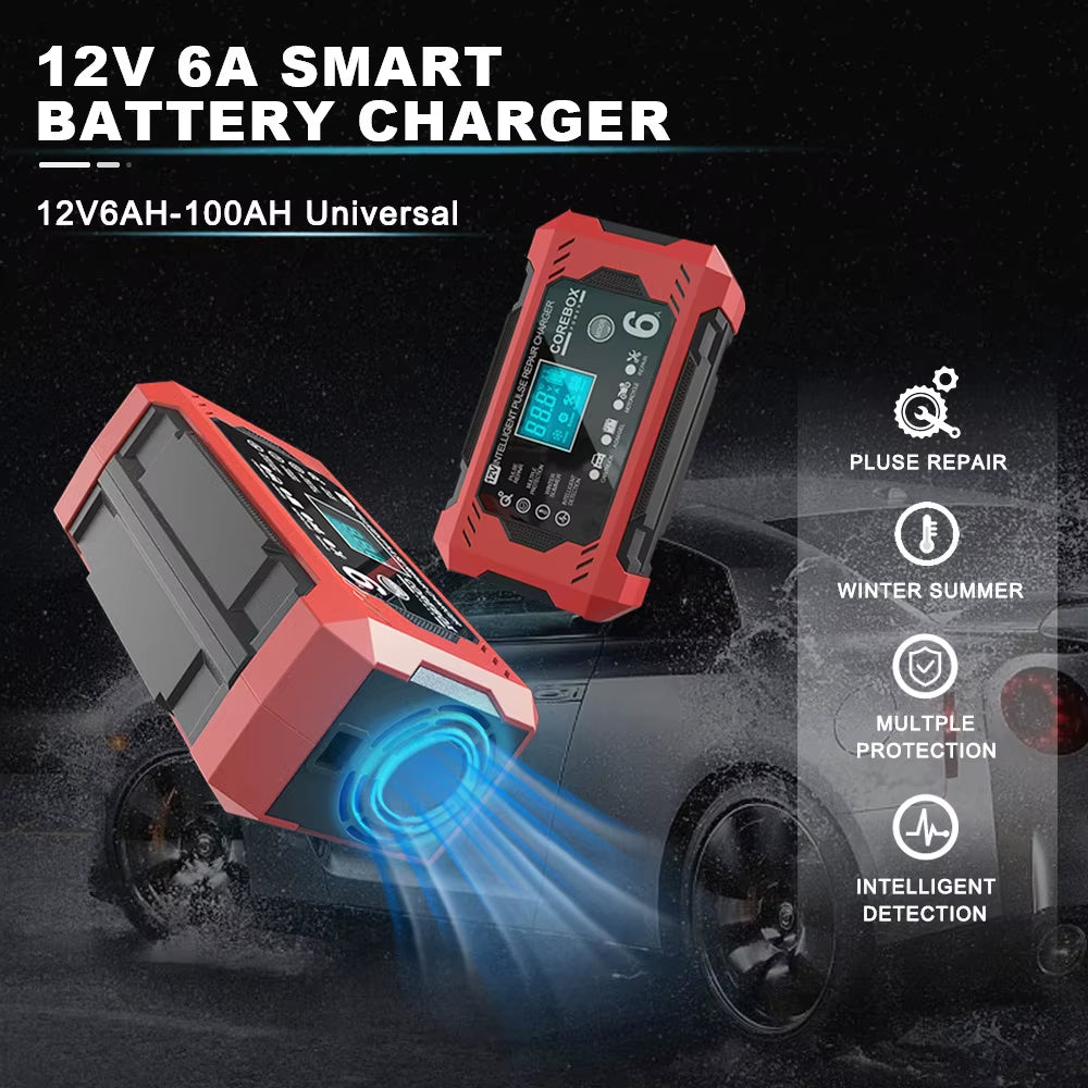Pulse Repair Battery Charging 12V/6A High Power Intelligent Multifunctional for Motorcycle SUV Truck Smart Car Battery Charger