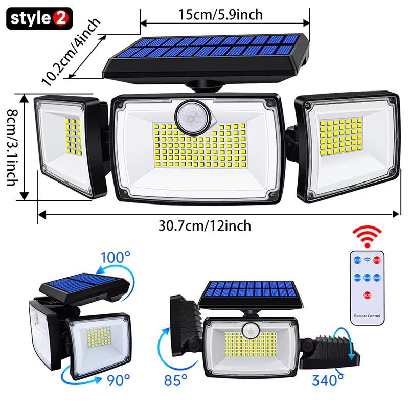 Security Solar Lights Outdoor 167 LED Adjustable 3 Heads with 3 Modes Wireless Motion Sensor Super Waterproof Spot Flood Lights