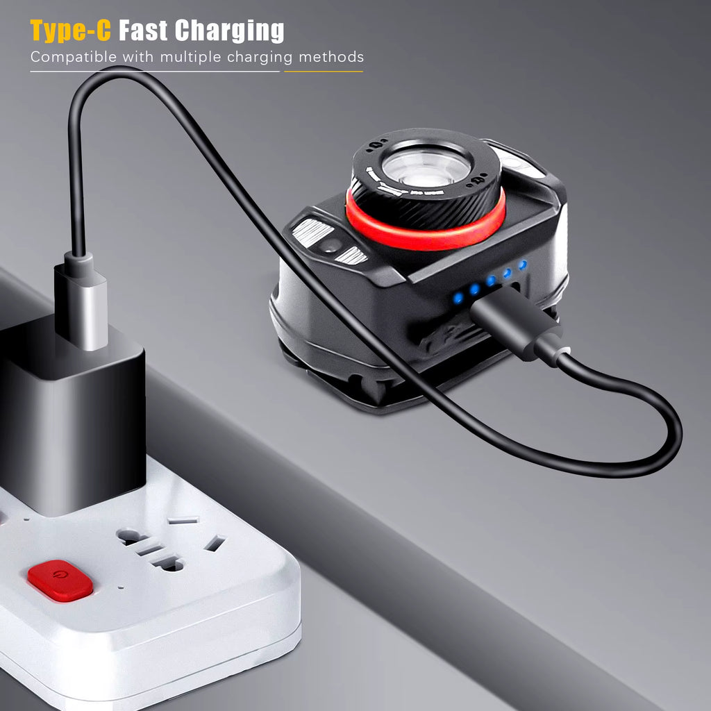 Zoom Headlamp USB Type C XPE Torch LED Headlight Body Motion Sensor Head Wrist Strap Band Lamp Riding Red Flash Light Lantern
