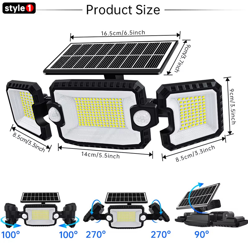 Security Solar Lights Outdoor 167 LED Adjustable 3 Heads with 3 Modes Wireless Motion Sensor Super Waterproof Spot Flood Lights