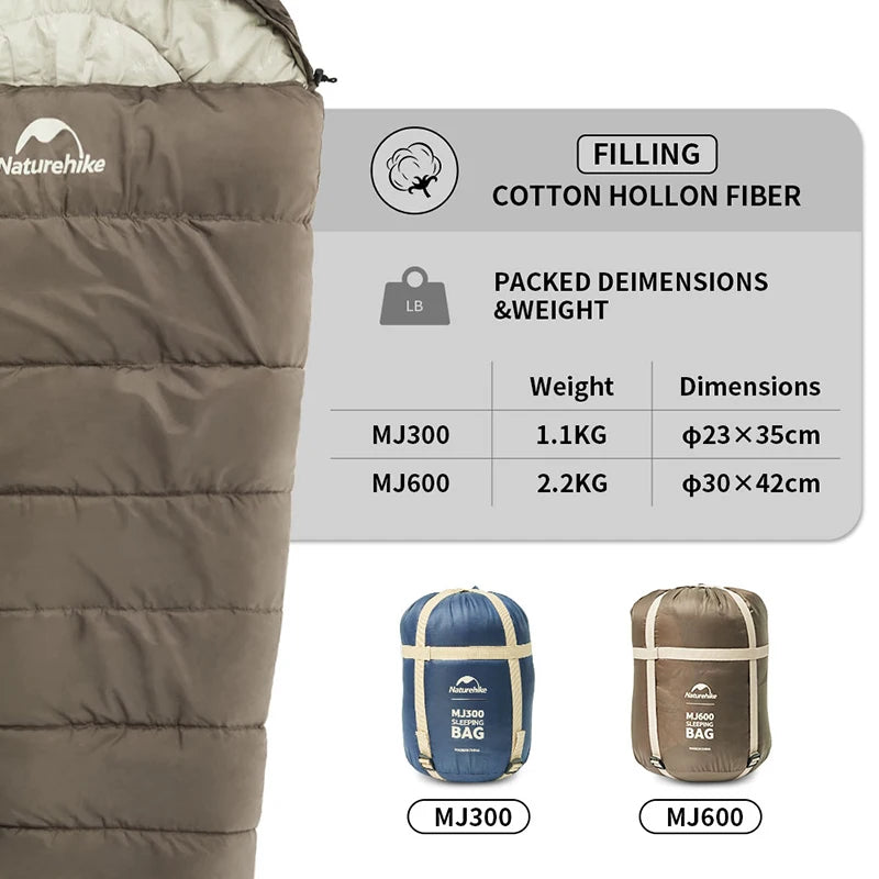 Sleeping Bag MJ300 -1℃ Lightweight MJ600 -12℃ Mummy Sleeping Bag Outdoor Camping Cotton Winter Warm Sleeping Bags