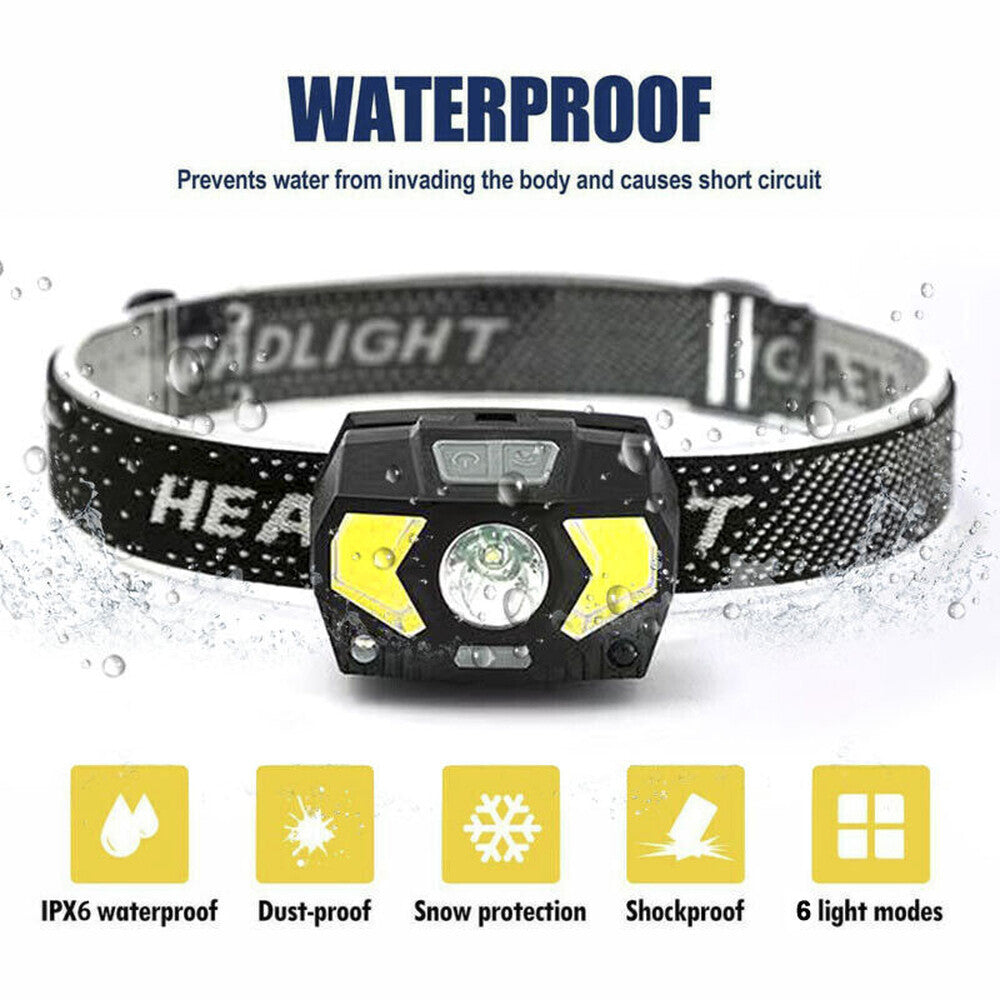 Waterproof COB Headlamp LED Motion Sensor USB Rechargeable