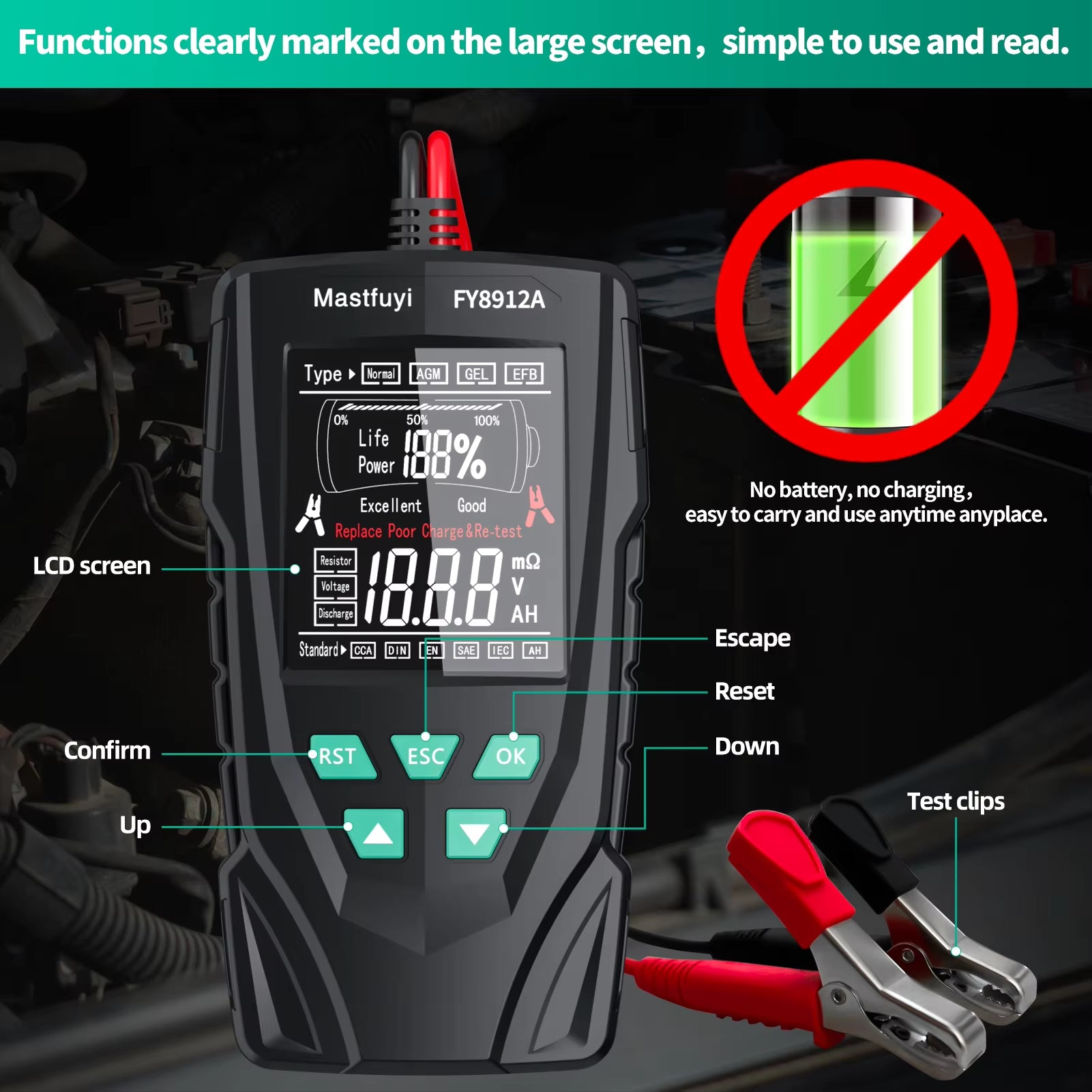 FY8912A Car Battery Tester 12V 24V Car Motorcycle Truck Battery Monitoring, Battery Load, Battery Capacity Tester