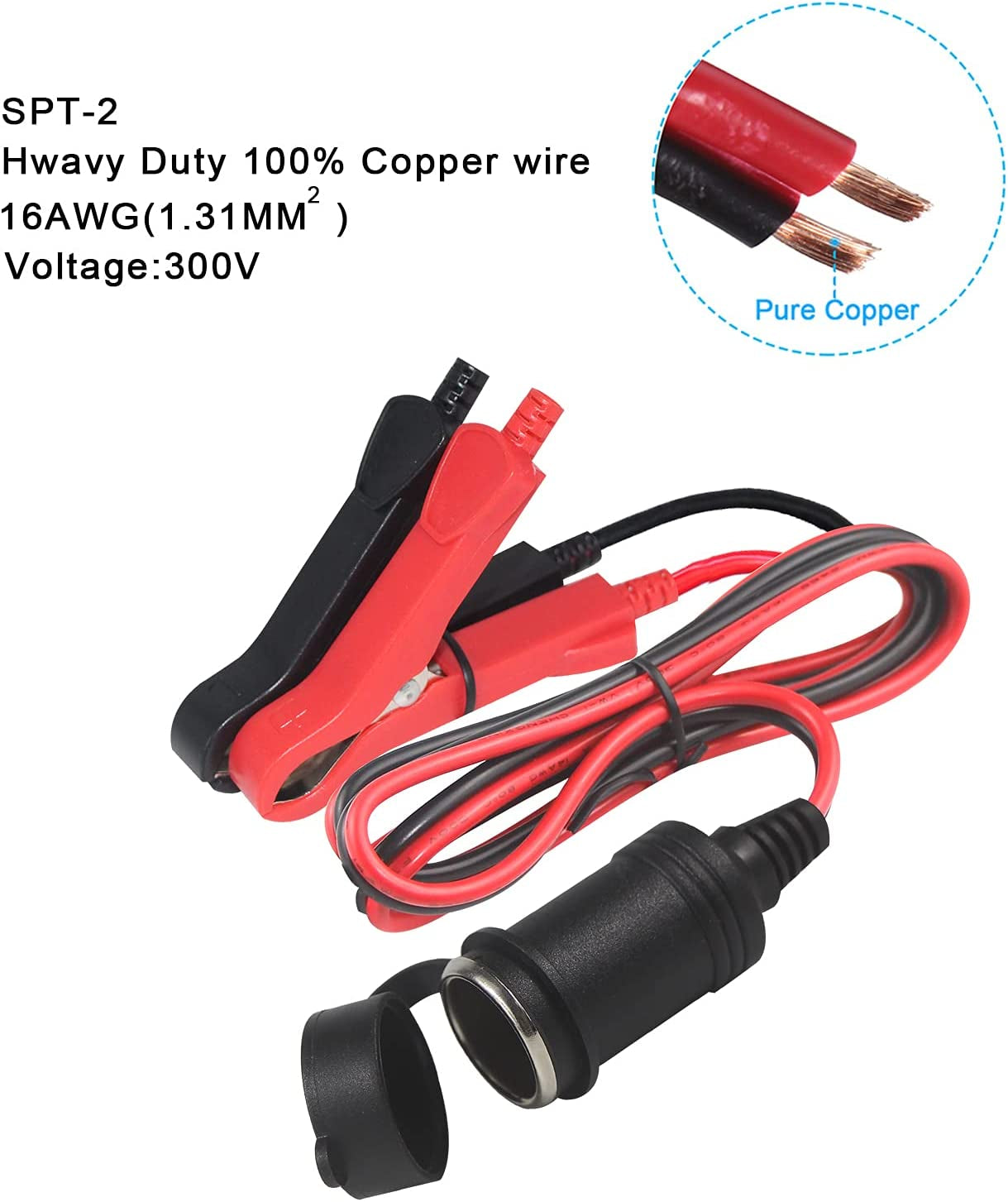 12V Auto Cigarette Lighter Socket to Battery Alligator Clips Power Cable Charger