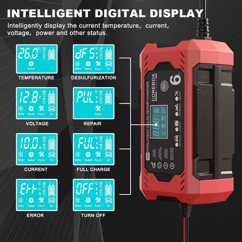 12V/6A Multifunctional Intelligent for Motorcycle SUV Truck Smart Car Battery Charger High Power Pulse Repair Battery Charging