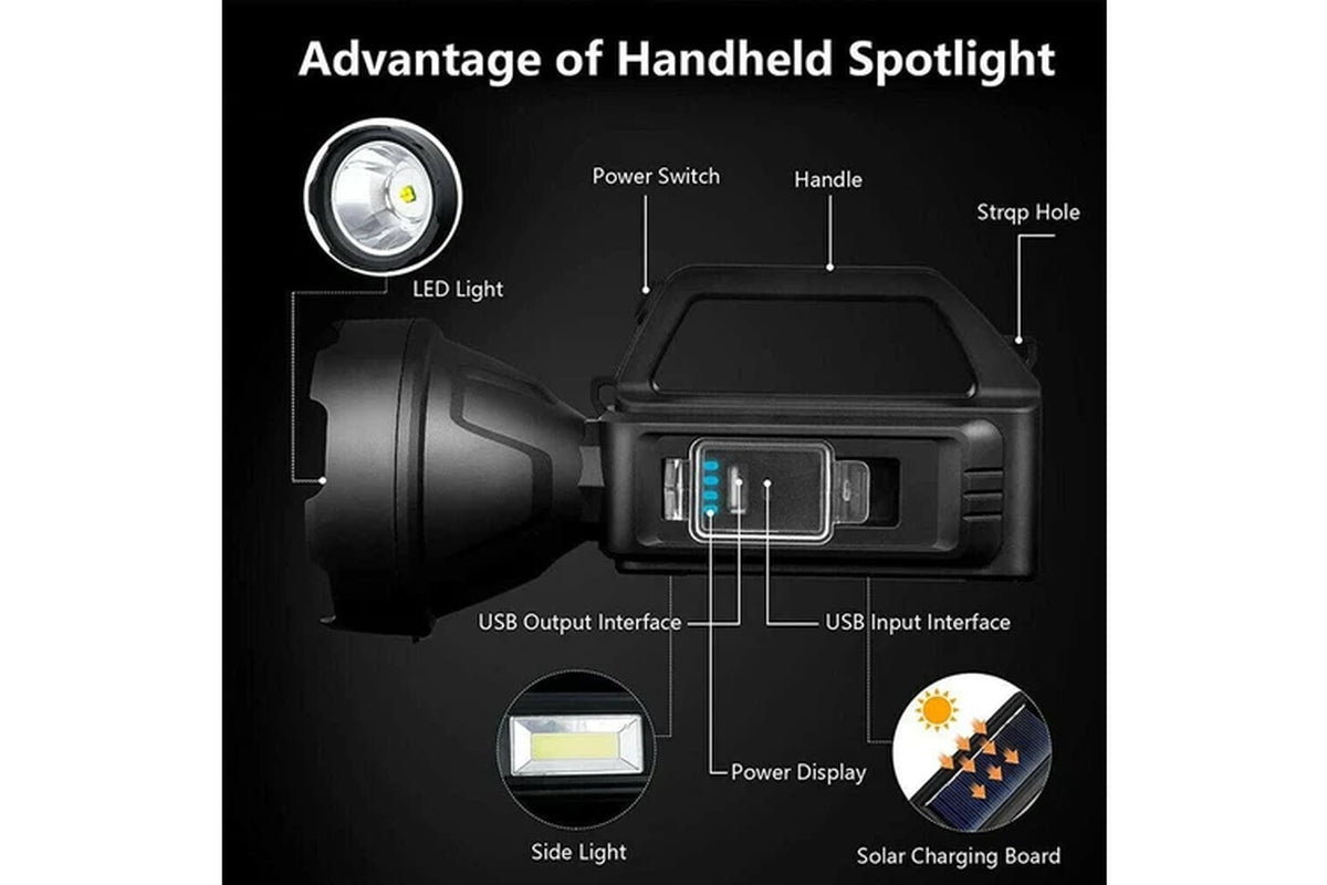 Solar LED Searchlight USB Rechargeable Spotlight Flashlight Torch Power Bank