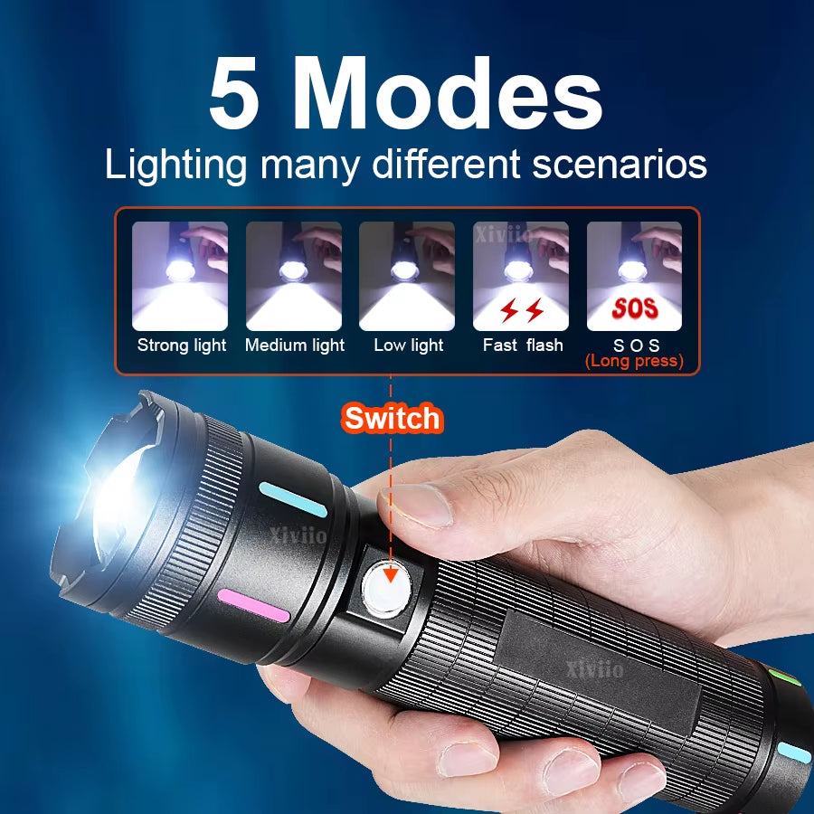 500000000LM Ultra Bright LED Flashlights Powerful Rechargeable Torch 5000M Tactical Torch Outdoor Portable Light Camping Lantern