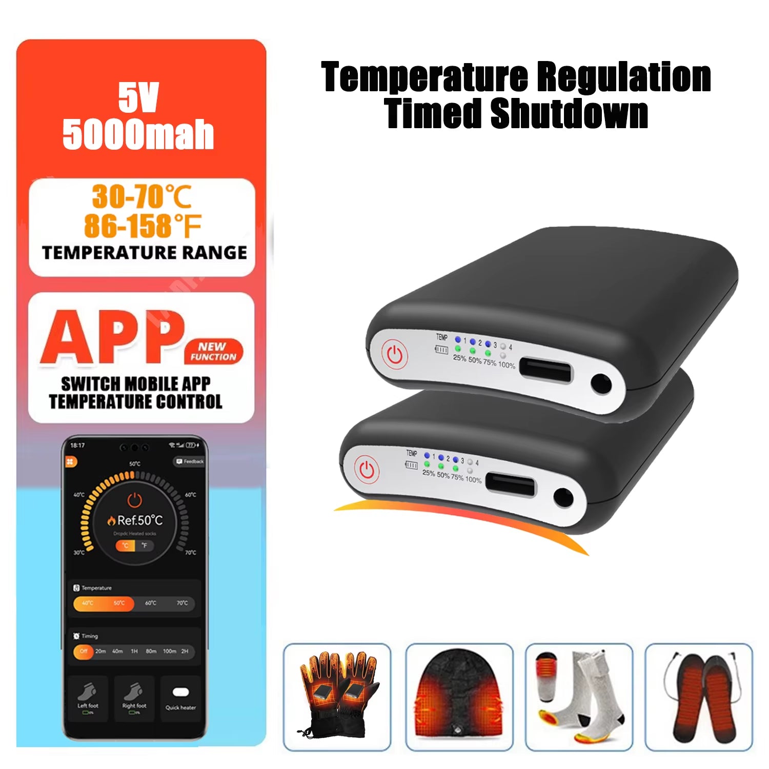 5V 5000Mah Heated Socks Battery App Remote Control Lipo Battery Packs Winter Socks Warm Gloves Kneepad Rechargeable Power Bank