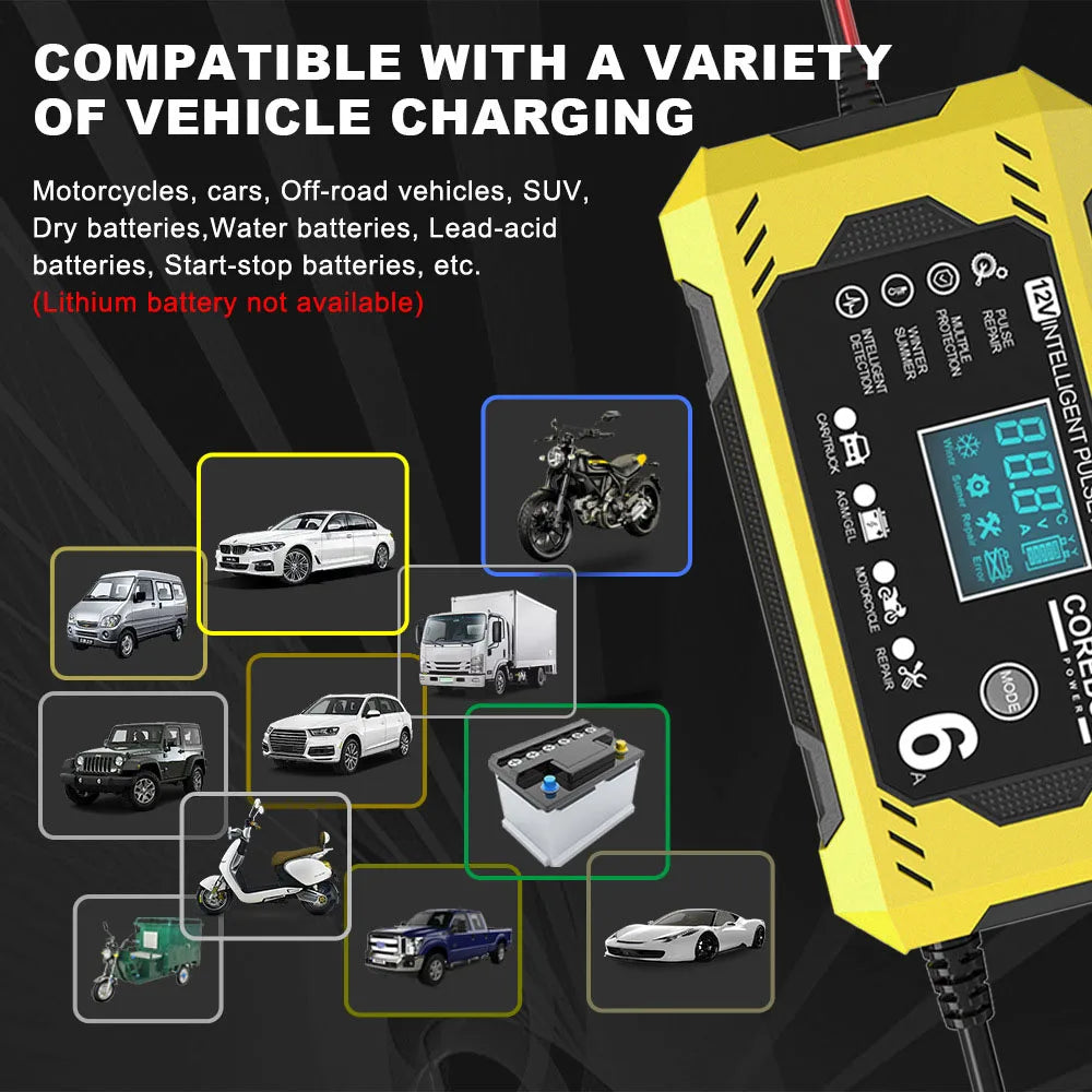 12V/6A Multifunctional Pulse Repair Battery Charging for Motorcycle SUV Truck Smart Car Battery Charger High Power Intelligent