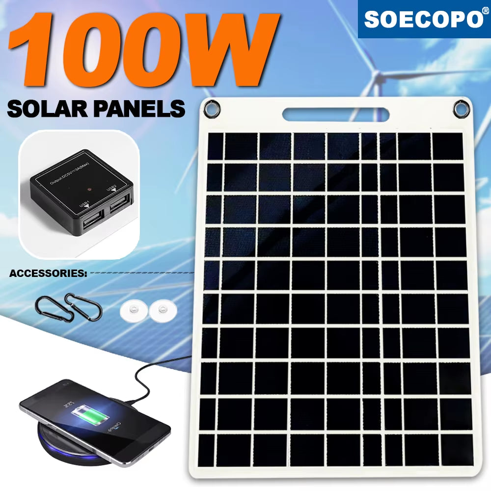 100W Solar Charger with Dual USB Ports, Waterproof & Portable Solar Panel for Outdoor Camping, Hiking, Emergency Devices