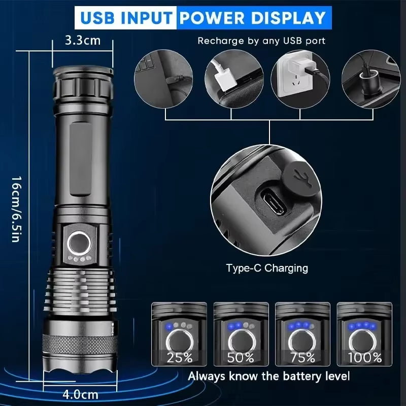 XHP50 High Power Rechargeable LED Tactical Flashlight Aluminum Alloy Telescopic Zoom Torch Lamp for Outdoor Camping Fishing