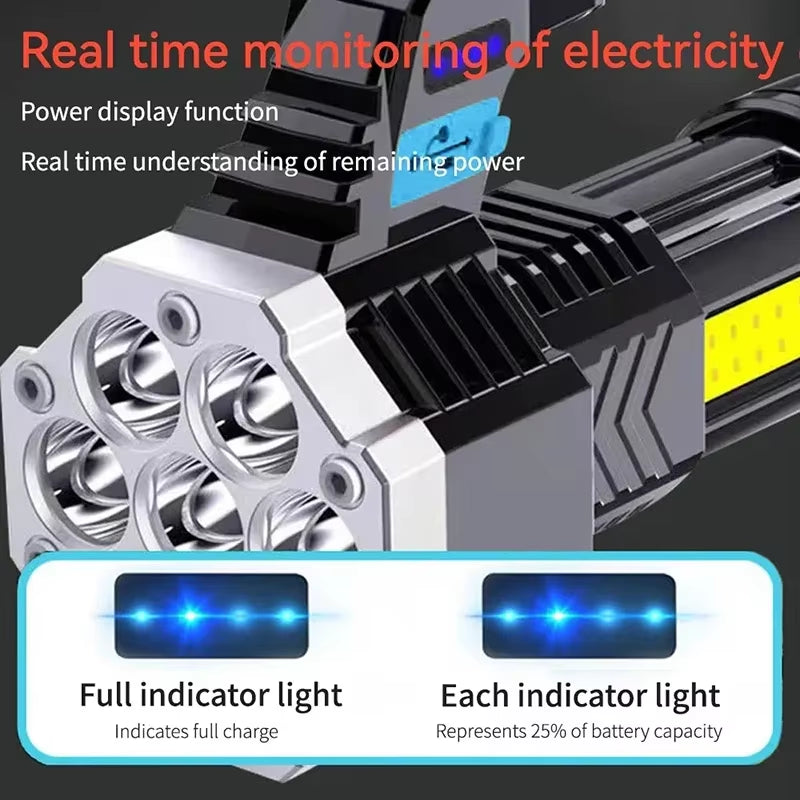 High Power 7LED Flashlight USB Rechargeable COB Side Lights 4 Modes Torch with Power Display Outdoor Lightweight Camping Torch