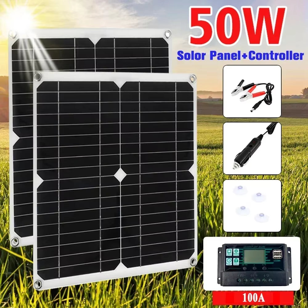 50W Solar Panel 18V Solar Power Supply with 2 USB Port for Outdoor Phone RV Car PAD Battery Charging Waterproof Power Bank