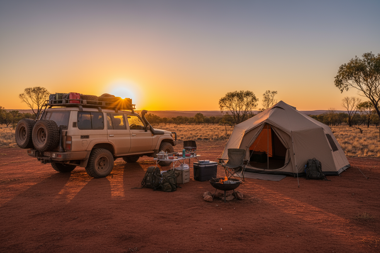 A rugged 4WD truck parked at a campsite in the Australian outback, with a tent set up nearby, camping gear laid out, warm golden sunset light, realistic style, earthy colors, adventurous outdoor vibe