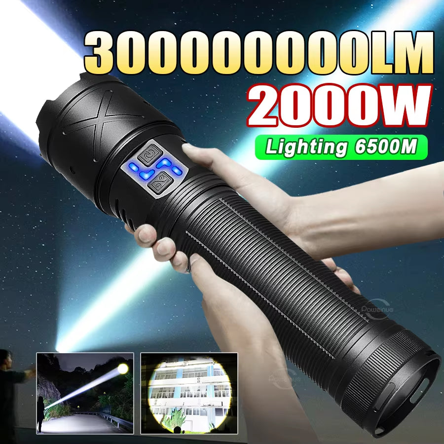 2025 NEW Most Powerful LED Flashlight 30000000LM Strong Light Tactical Large Torch Rechargeable Light Long Range Camping Torch