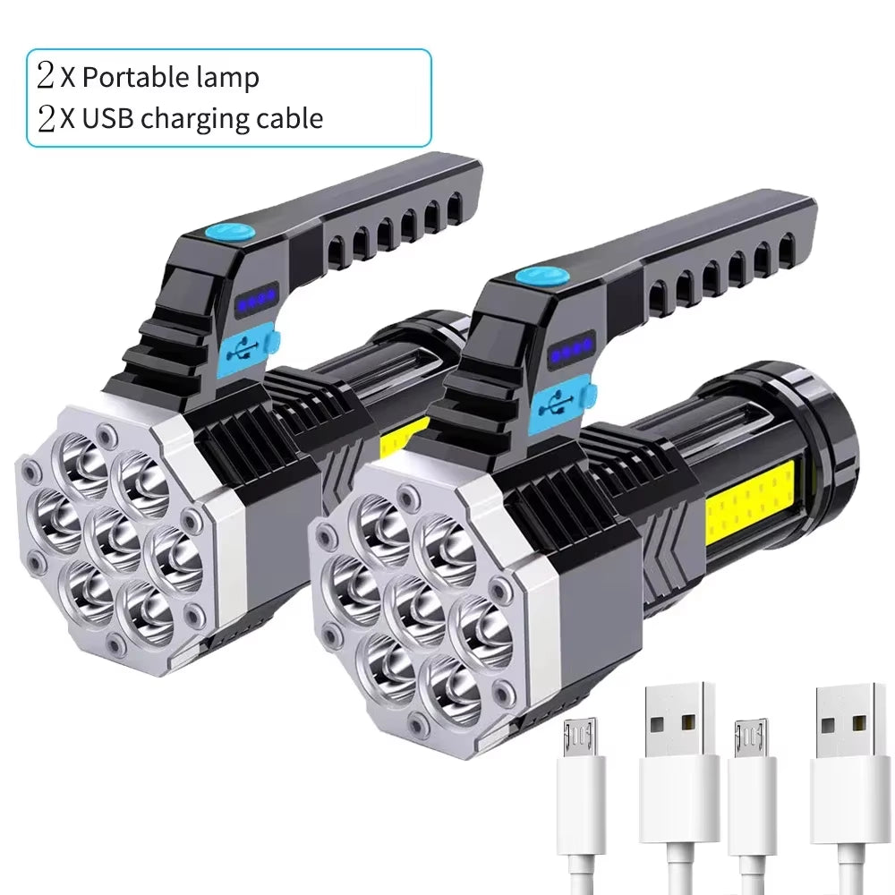 High Power 7LED Flashlight USB Rechargeable COB Side Lights 4 Modes Torch with Power Display Outdoor Lightweight Camping Torch