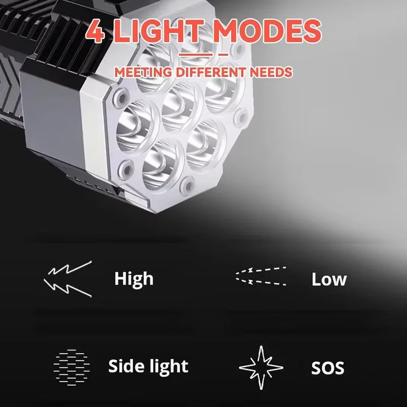 High Power 7LED Flashlight USB Rechargeable COB Side Lights 4 Modes Torch with Power Display Outdoor Lightweight Camping Torch