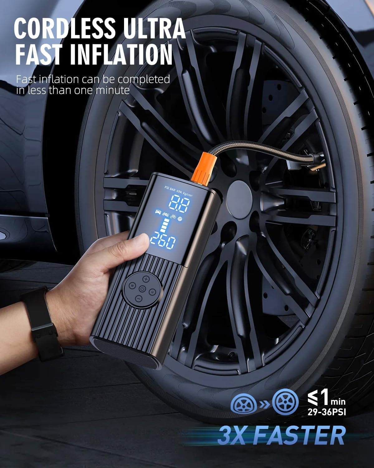 Tyre Inflator Portable Air Compressor, 150PSI 7800Mah Cordless Air Pump for Car, Accurate Pressure LCD Display, 3X Fast Inflation for Cars, Bikes & Motorcycle Tires, Balls.