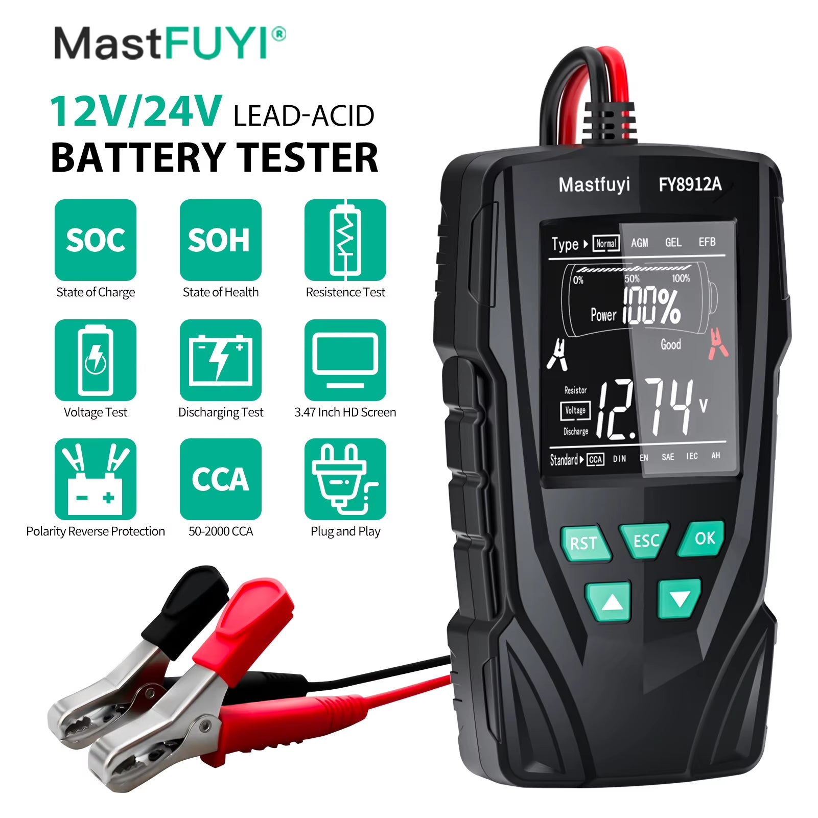 FY8912A Car Battery Tester 12V 24V Car Motorcycle Truck Battery Monitoring, Battery Load, Battery Capacity Tester
