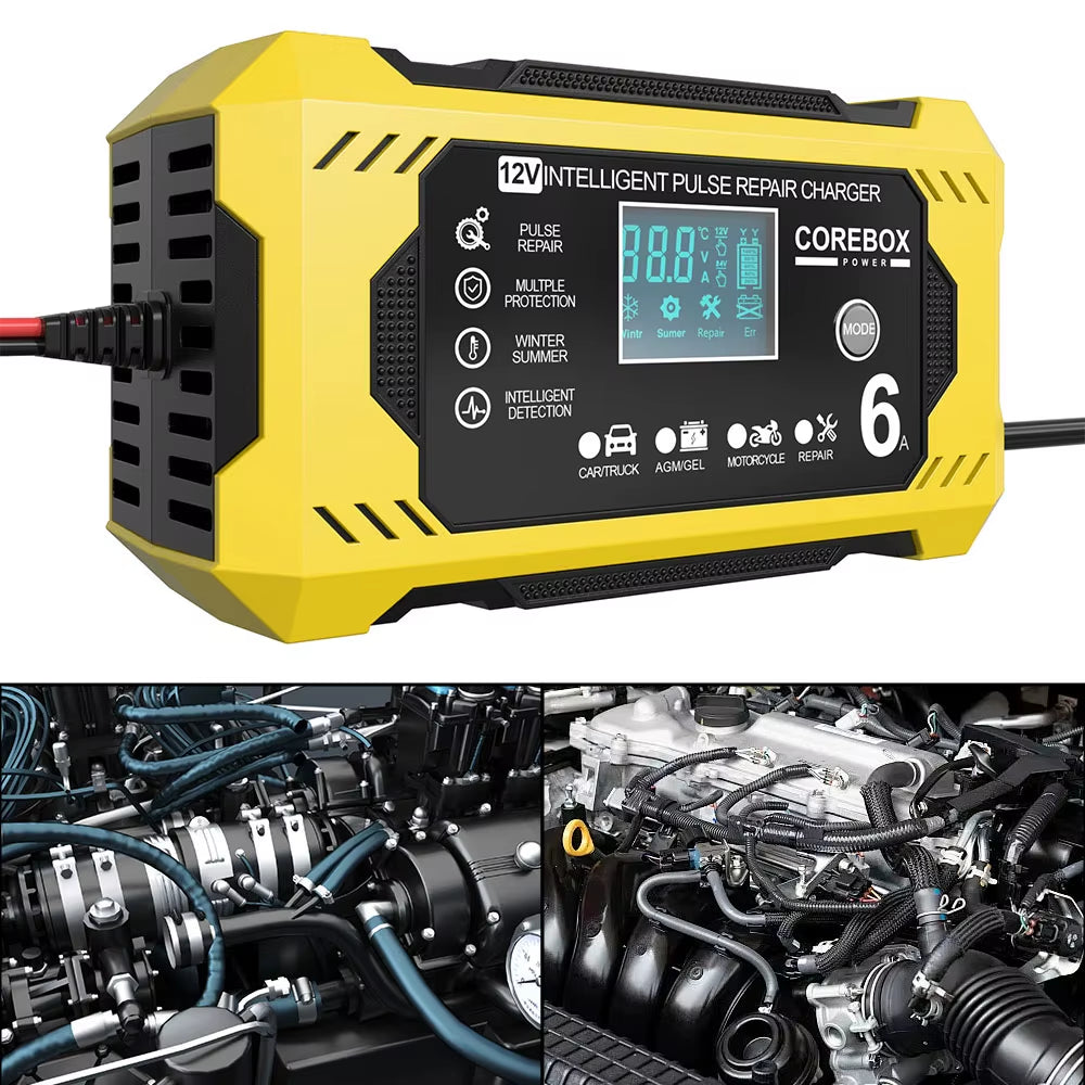 12V/6A for Motorcycle SUV Truck Smart Car Battery Charger Intelligent Pulse Repair Battery Charging High Power Multifunctional