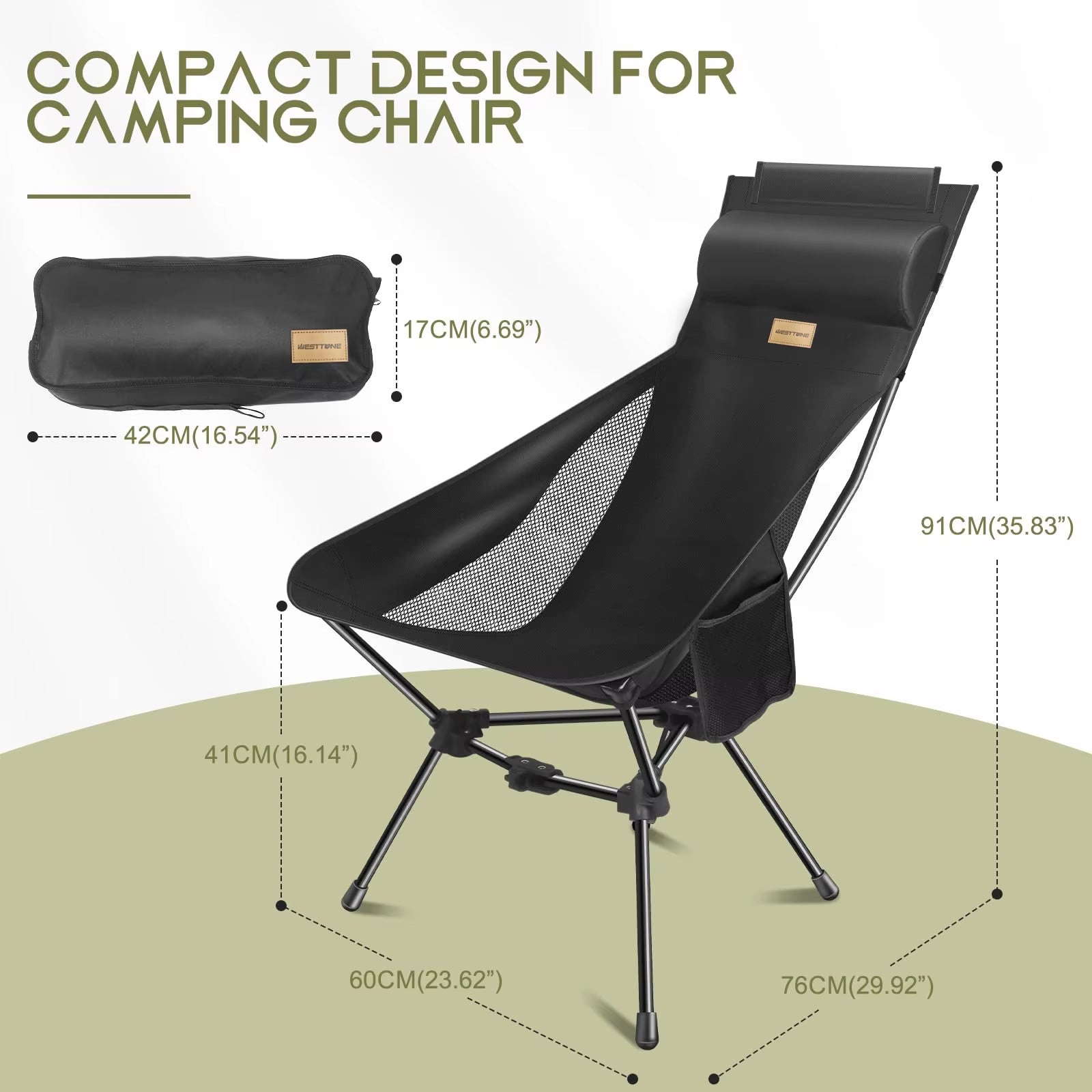 WESTTUNE Portable Camping Chair Lightweight Foldable Chair with Headrest for outside Camping Hiking Travel Beach and Sports