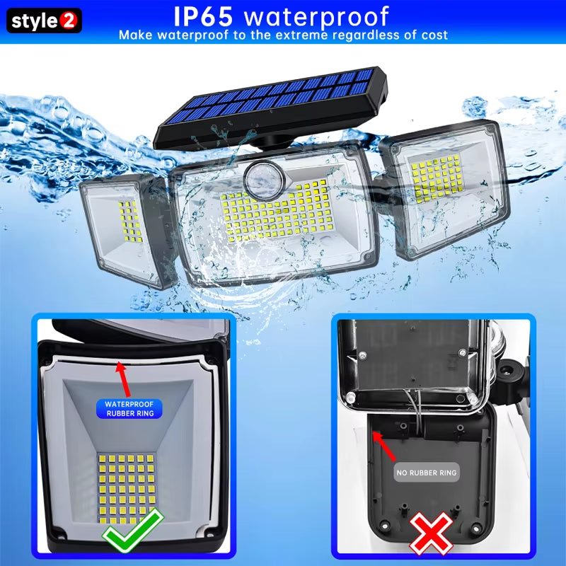 Security Solar Lights Outdoor 167 LED Adjustable 3 Heads with 3 Modes Wireless Motion Sensor Super Waterproof Spot Flood Lights