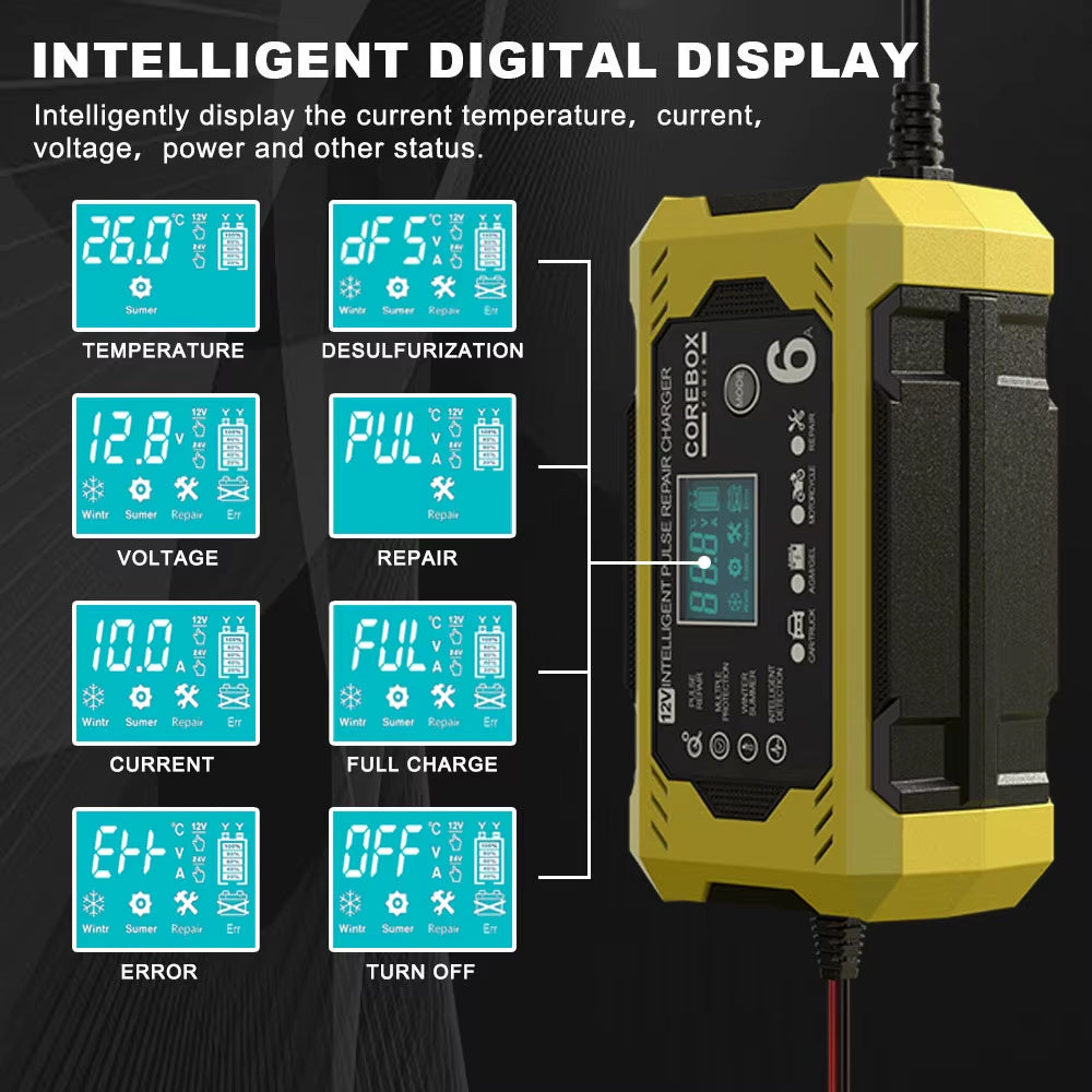 12V/6A Multifunctional Pulse Repair Battery Charging for Motorcycle SUV Truck Smart Car Battery Charger High Power Intelligent