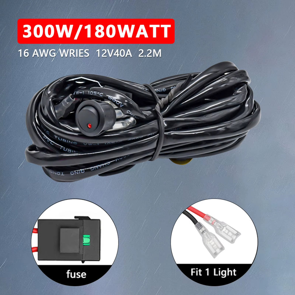 LED Light Bar Wiring Harness Kit, 300W 2 Leads 16 AWG Universal LED Work Light Bar Wiring Harness with 12V 40A Relay on & Off