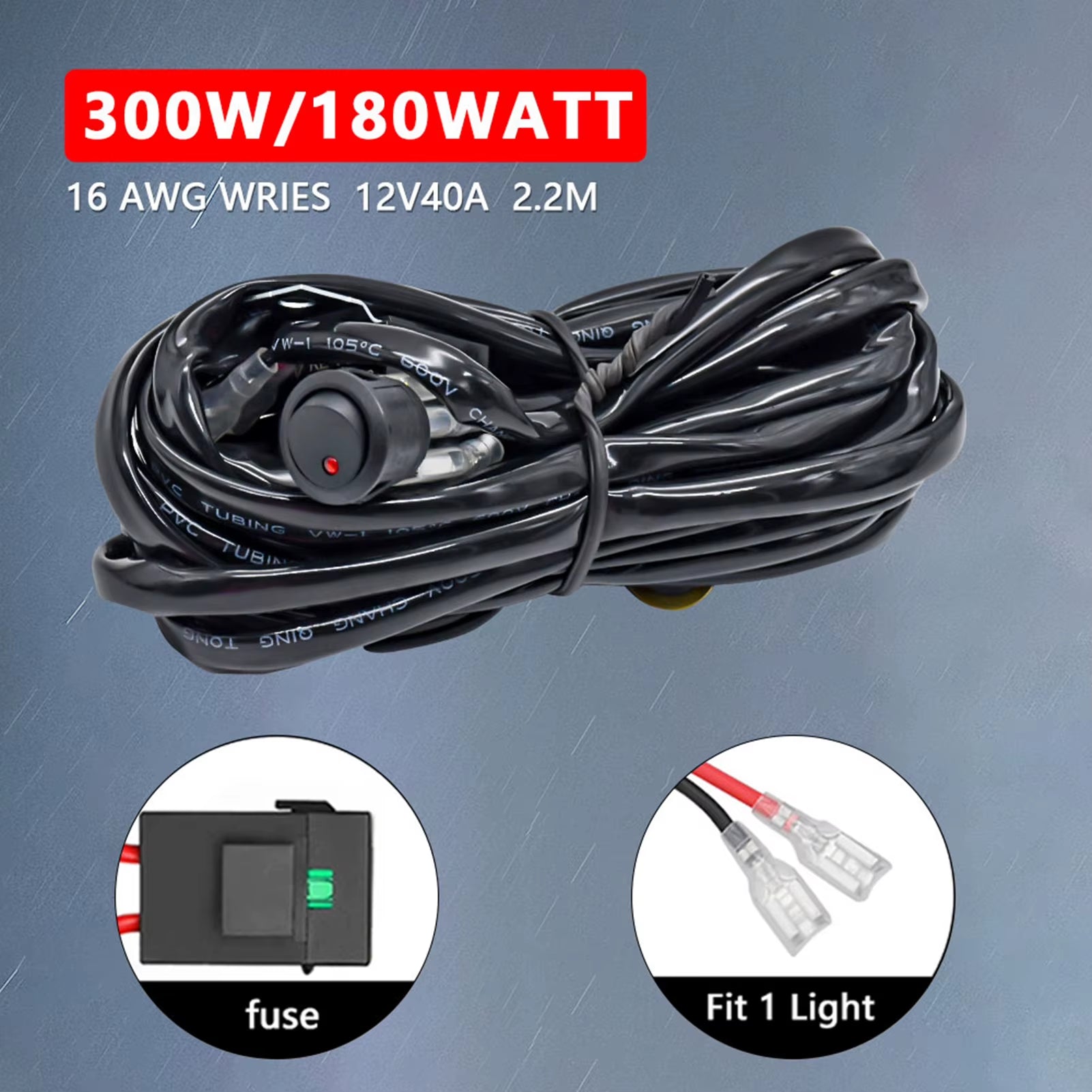 LED Light Bar Wiring Harness Kit, 300W 2 Leads 16 AWG Universal LED Work Light Bar Wiring Harness with 12V 40A Relay on & Off