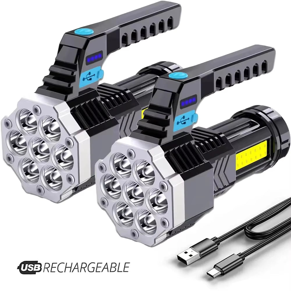 High Power 7LED Flashlight USB Rechargeable COB Side Lights 4 Modes Torch with Power Display Outdoor Lightweight Camping Torch
