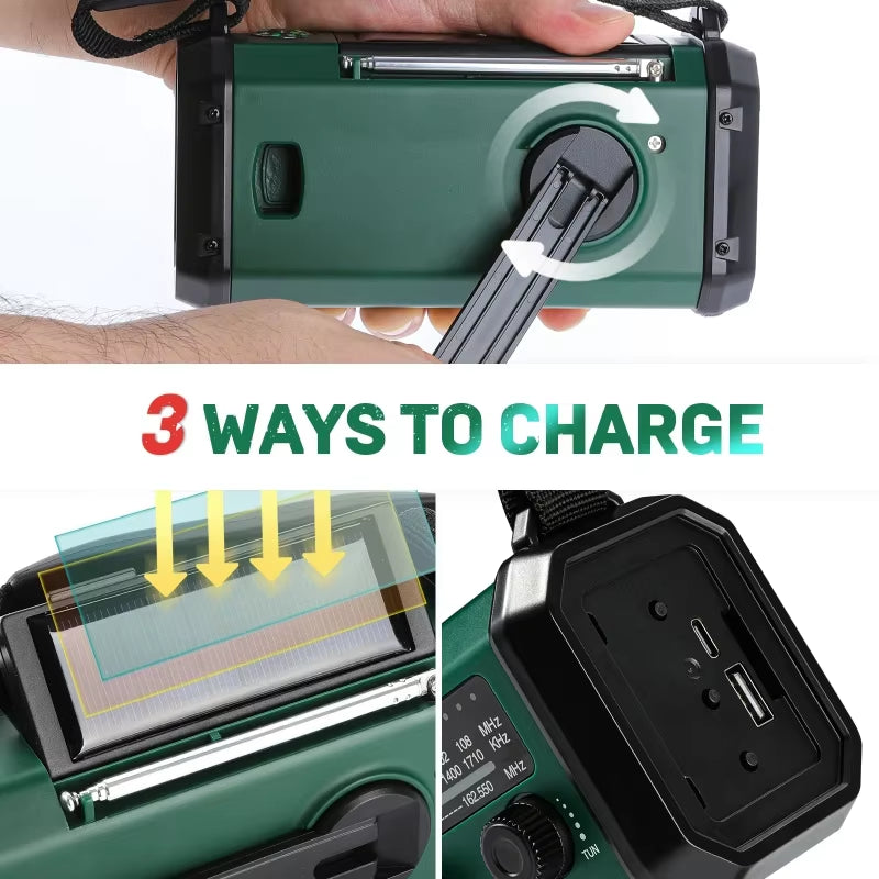 Emergency Weather Radio 10000Mah Solar Hand Crank Portable AM/FM/NOAA with Flashlight & Reading Lamp SOS for Home and Outdoor