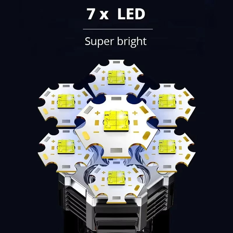 High Power 7LED Flashlight USB Rechargeable COB Side Lights 4 Modes Torch with Power Display Outdoor Lightweight Camping Torch