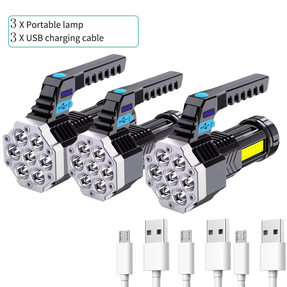 High Power 7LED Flashlight USB Rechargeable COB Side Lights 4 Modes Torch with Power Display Outdoor Lightweight Camping Torch